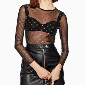 Topshop Women's Mesh Glitter Dotted Top Long Sleeve Sheer Size 4 Black
